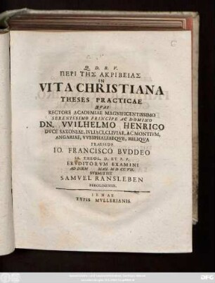 Peri Tēs Akribeias In Vita Christiana : Theses Practicae