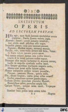 Institutum Operis Ad Lectorem Poetam.