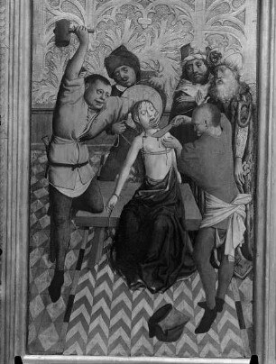 Barbara-Altar — Die heiligen Felix und Adauctus und Szenen aus dem Leben der heiligen Barbara — 3. Marter der heiligen Barbara: Ihr werden die Brüste abgeschnitten