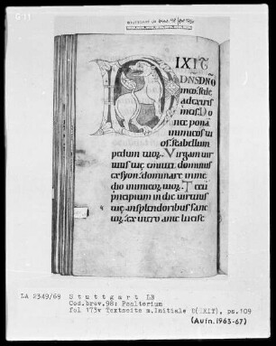 Psalterium - Hymnar (Benediktinerhandschrift) — Initiale D (ixit dominus) mit einem Hund, Folio 173verso