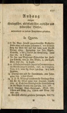 257-270, Anhang einiger theologische, philosophischer, critischer und historischer Bücher