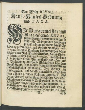 Wir Burgermeister und Rath der Stadt Reval, ...