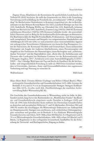 Klaus-Dieter Bock, Christine Bührlen-Grabinger und Robert Uhland (Bearb.): Württembergische Gesandtenberichte und Gesandtschaftsakten 1619-1806: Inventar der Bestände A 16a und A 74 a-m im Hauptstaatsarchiv Stuttgart. Stuttgart: Kohlhammer 2006. 612 S., 16 schw.-weiß Abb. (Veröffentlichungen der staatlichen Archivverwaltung Baden-Württemberg Bd. 56).
