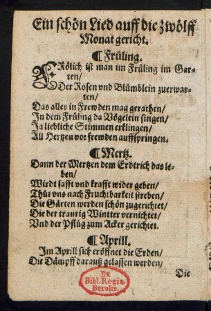 Ein schœn Lied auff die zwœlff Monat gericht.