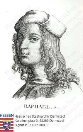 Raffael (Santi) (1483-1520) / Porträt, rechtsvorblickendes Brustbild, mit Bildlegende / Widmungsblatt für Heinrich Freiherr v. Gagern (1799-1880) aus seiner Studienzeit