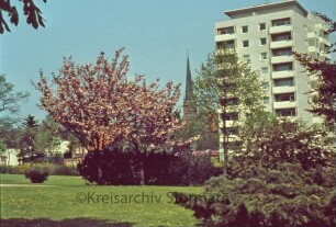 Kurpark mit Blick auf Hochhaus Liebe und Peter-Paul-Kirche