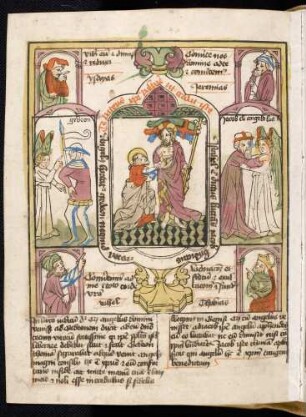 (1) Propheten-Brustbilder; (2) Antitypus: Der ungläubige Thomas kniet vor Christus; Typen: (3) Gideon und der Engel ; (4) Jakob ringt mit dem Engel; (4) Propheten-Brustbilder