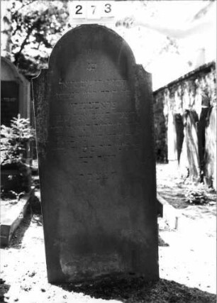 Grabstein 273 (Index: 100094531) Material: Sandstein Zustand: unten abgeblättert Maße HxBxT: 155x68x11 cm Beschreibung: Stele, doppelt eingezogener Rundbogenabschluß: Grabstein 273