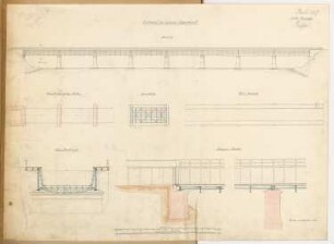 Überführung eines Kanals über einen Fluss (Aquädukt) Monatskonkurrenz November 1868: Grundrisse in drei Ebenen, Aufriss Seitenansicht, Längsschnitt, Querschnitt; 1:240, 1:60, 2 Maßstabsleisten