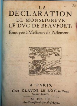 La declaration de Monsgr. de duc de Beaufort