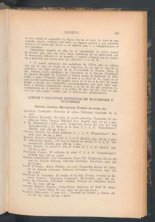 Libros y folletos recibidos en Noviembre y Diciembre