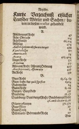 Register. Kurtze Verzeichniß etzlicher Teutscher Wörter und Sachen/ davon in diesem tractat gehandelt wird.