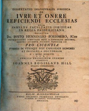 Diss. inaug. iur. de iure et onere reficiendi ecclesias