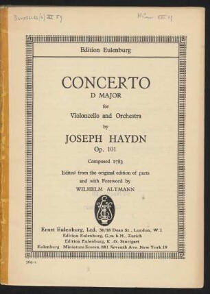 Concerto D major for violoncello and orchestra : op. 101