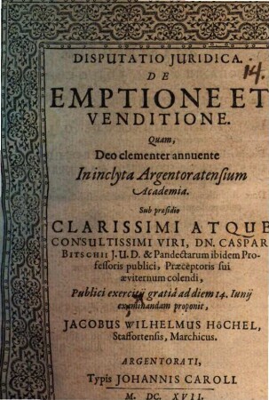 Disp. iur. de emptione et venditione