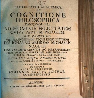 Exercitatio acad. de cognitione philosophica tanquam via ad hominis felicitatem : Pars prior