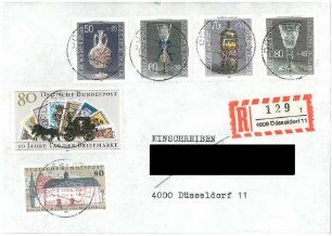 Briefumschlag mit 4 Briefmarken von 1986 mit Glasmotiven