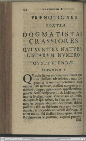 Praenotiones Contra Dogmatistas Crassiores Qui Sunt Ex Naturalistarum Numero Custodiendae