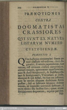 Praenotiones Contra Dogmatistas Crassiores Qui Sunt Ex Naturalistarum Numero Custodiendae