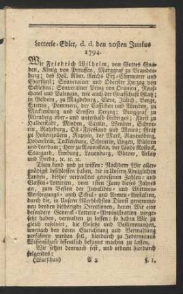 Lotterie-Edict, d. d. den 20sten Junius 1794