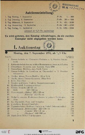 1. Auktionstag Montag, den 7. September 1931, ½ 3 Uhr (Nr. 1-300)