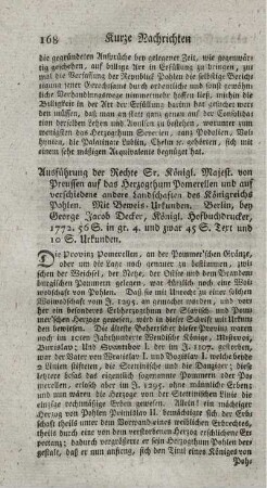 Ausführung der Rechte S. Königl. Majest. von Preussen auf das Herzogthum Pomerellen und auf verschiedene andere Landschaften des Königreichs Pohlen.