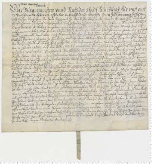 Bürgermeister und Rat urkunden über die Teilung eines Rentebriefes über 3000 Mark lübisch aus den Achte dagen Michaelis 1616 unter den Erben dessen Inhabers.