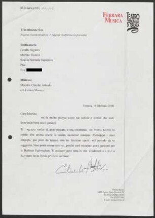 Brief an Martine Bismut an Scuola Normale Superiore di Pisa, 16.02.2000