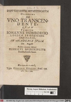 Disputationum Metaphysicarum ... De Uno Transcendente