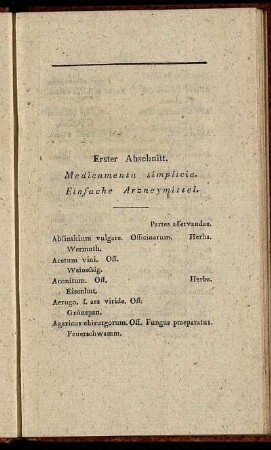 Erster Abschnitt. Medicamenta simplicia. Einfache Arzneymittel.