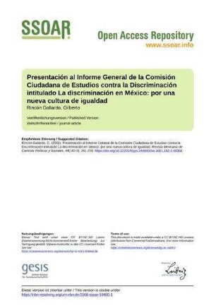 Presentación al Informe General de la Comisión Ciudadana de Estudios contra la Discriminación intitulado La discriminación en México: por una nueva cultura de igualdad