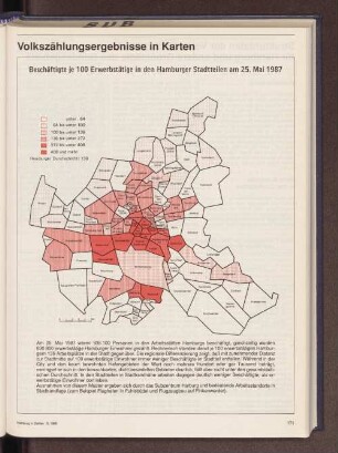 Beschäftigte je 100 Erwerbstätige in den Hamburger Stadtteilen am 25. Mai 1987