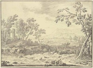 Landschaft mit Ruinen, vorne ein Hirte bei Schafen