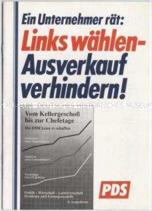 Broschüre der PDS zu den Lantagswahlen in den fünf neuen Bundesländern am 14. Oktober 1990 gegen den Ausverkauf der DDR