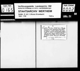 Fr. Placidus Schmidt, Laie zu Bronnbach (Brunnbach), verspricht den Satzungen und Regeln des hl. Benediktus Treue und Gehorsam.