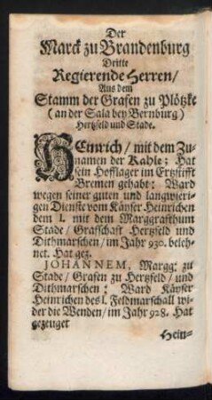 Der Marck zu Brandenburg Dritte Regierende Herren/ Aus dem Stamm der Grafen zu Plötzke ... Hertzfeld und Stade.