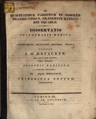 De qualitatibus parentum in sobolem transeuntibus, praesertim ratione rei equariae