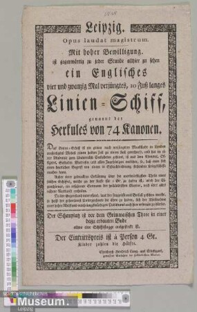 Ein Englisches vier und zwanzig Mal verjüngtes, 10 Fuß langes Linien-Schiff, genannt der Herkules von 74 Kanonen.