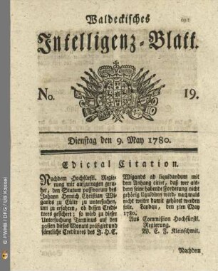 No. 19, Dienstag den 9. May 1780