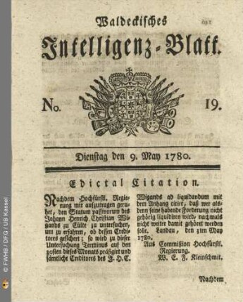 No. 19, Dienstag den 9. May 1780
