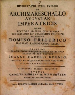 Dissertatio Ivris Pvblici De Archimareschallo Avgvstae imperatricis