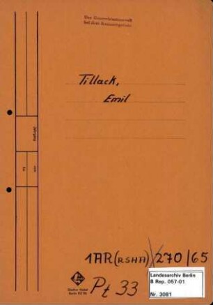 Personenheft Emil Tillack (*02.03.1895), Polizeiobersekretär