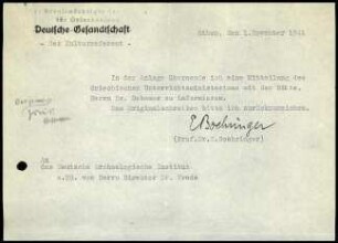 Anschreiben; E. Boehringer an DAI Athen