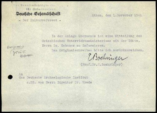 Anschreiben; E. Boehringer an DAI Athen