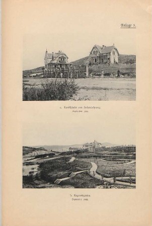 Anlage 9. a. Landhäuser am Hohenloheweg. September 1902. b. Lazarettgarten. September 1902.