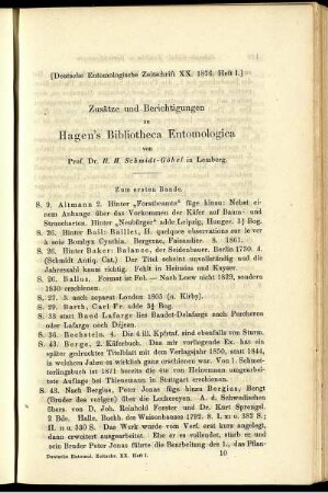 Zusätze und Berichtigungen zu Hagen's Bibliotheca Entomologica