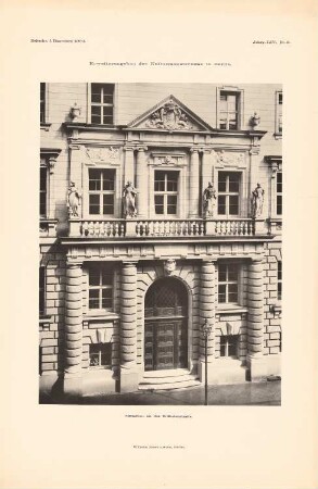 Preußisches Kultusministerium, Berlin Erweiterungsbau. Geschäftsgebäude für das Ministerium der geistlichen, Unterrichts- und Medizinalangelegenheiten: Ansicht Mittelbau von der Wilhelmstraße (aus: Atlas zur Zeitschrift für Bauwesen, hrsg. v. Ministerium der öffentlichen Arbeiten, Jg. 54, 1904)