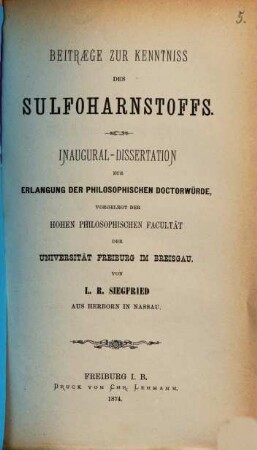 Beiträge zur Kenntniss des Sulfoharnstoffs : Inaugural-Dissertation