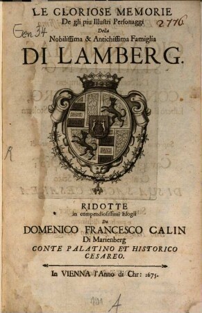 Le gloriose Memorie degli piu illustri personagg. della famiglia di Lamberg