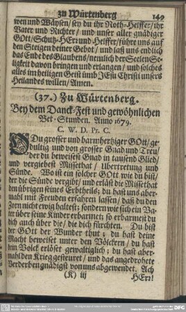 (37.) Zu Würtenberg. Bey dem Danck-Fest und gewöhnlichen Bet-Stunden. Anno 1679